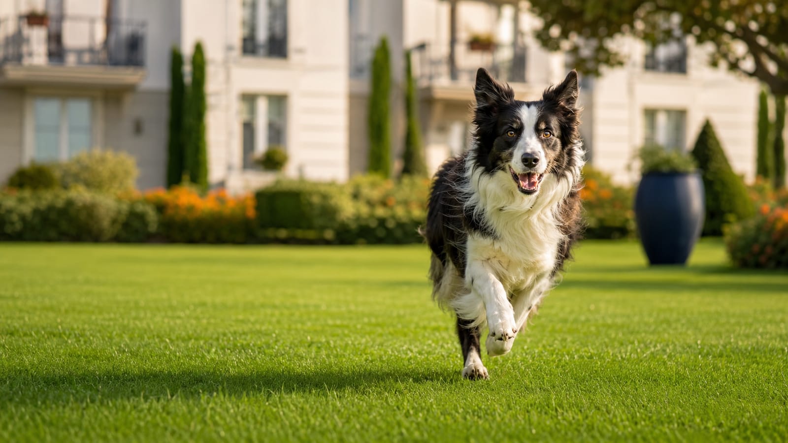 Un chien heureux qui court sur une pelouse propre, devant une résidence