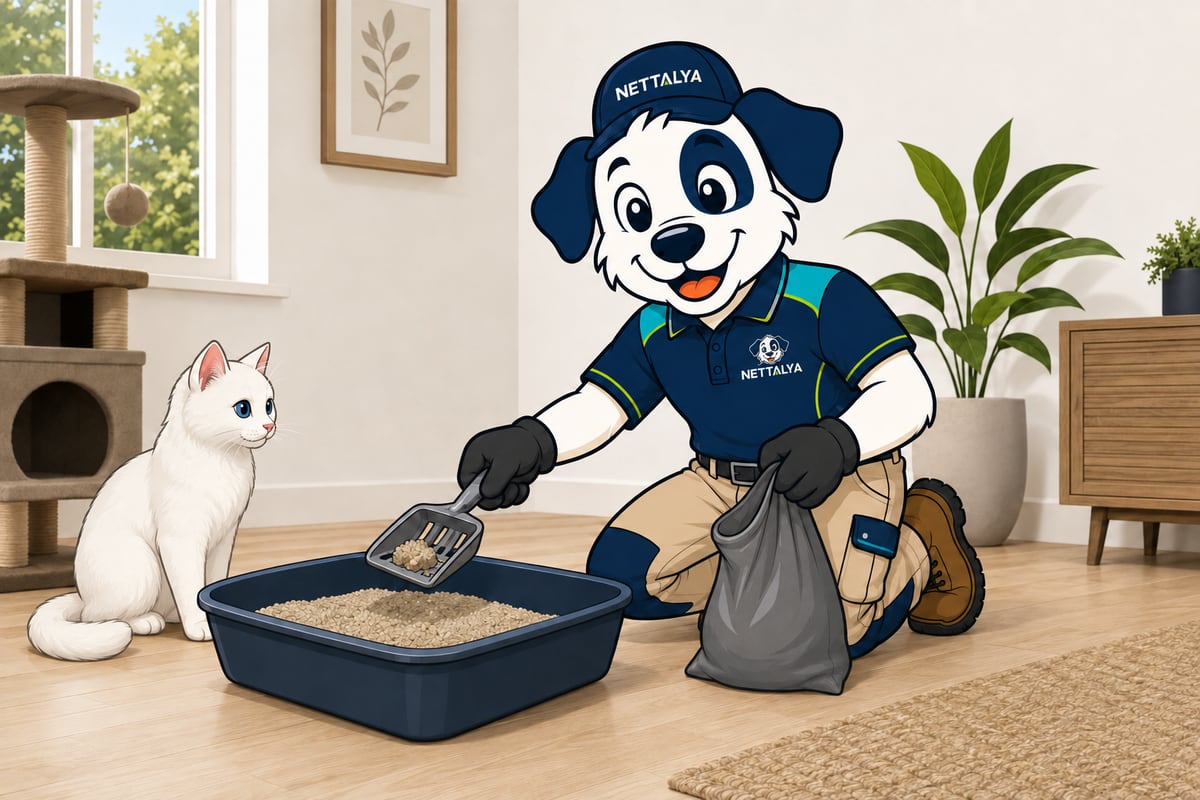 La mascotte Nettalya nettoie la litière, un chat blanc à côté