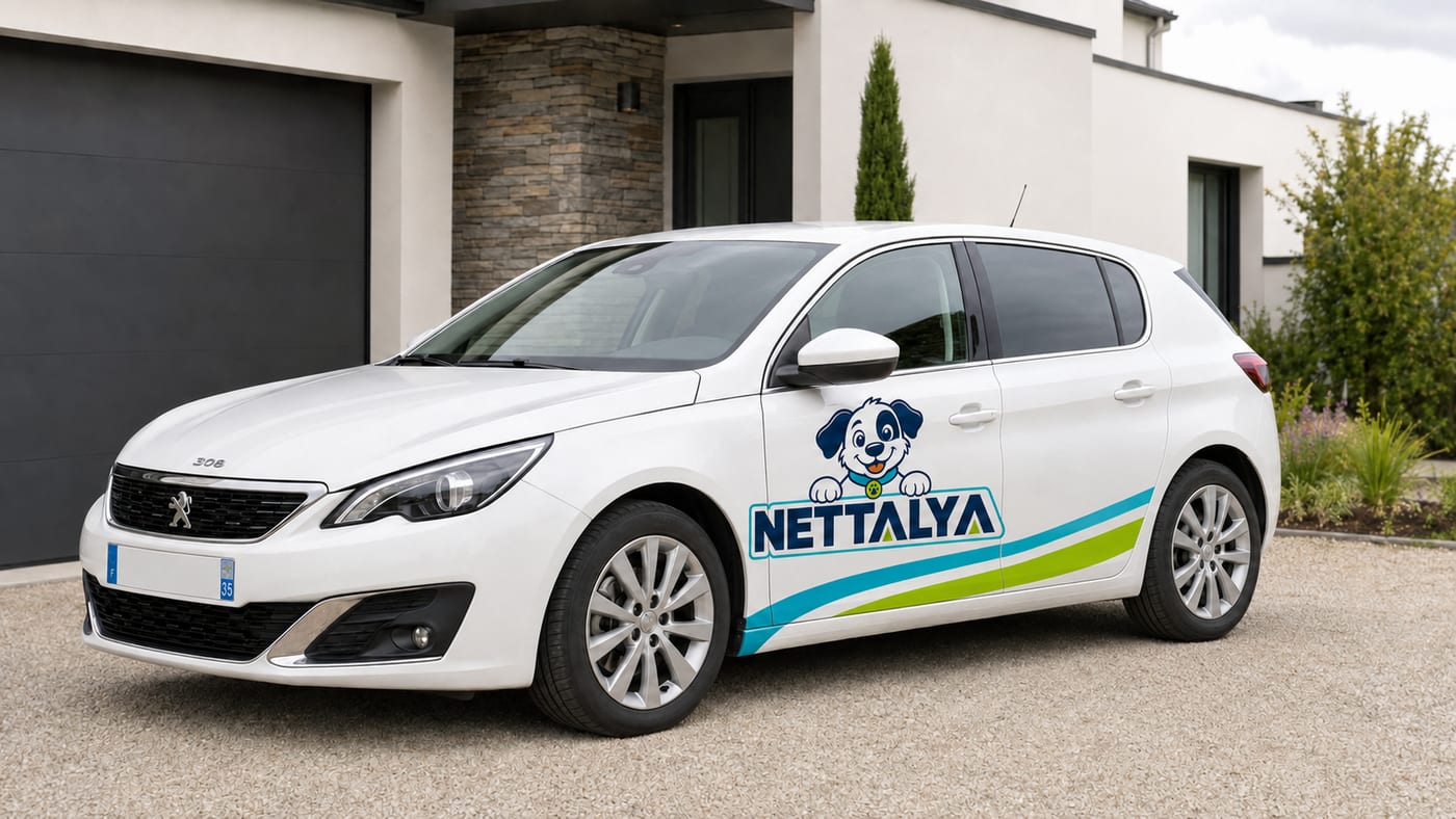 Un intervenant Nettalya en tenue, devant la camionnette de l'entreprise