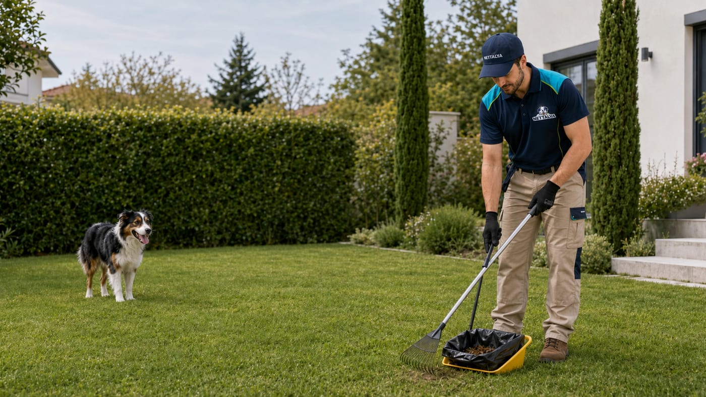 Un intervenant Nettalya ramasse les déjections dans un jardin, un chien à côté
