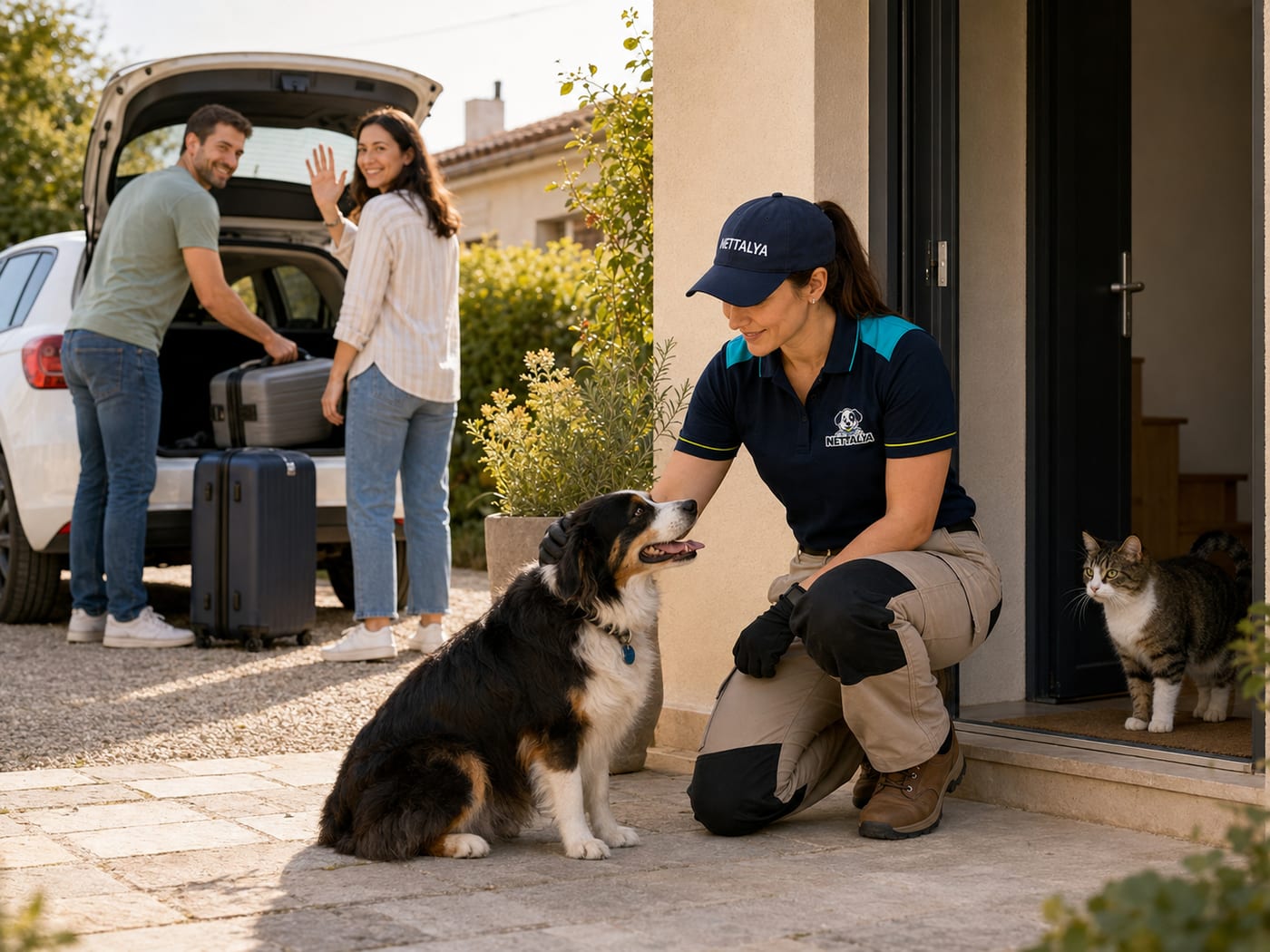 Une intervenante Nettalya accueille le chien d'un couple qui part en vacances, un chat à la porte